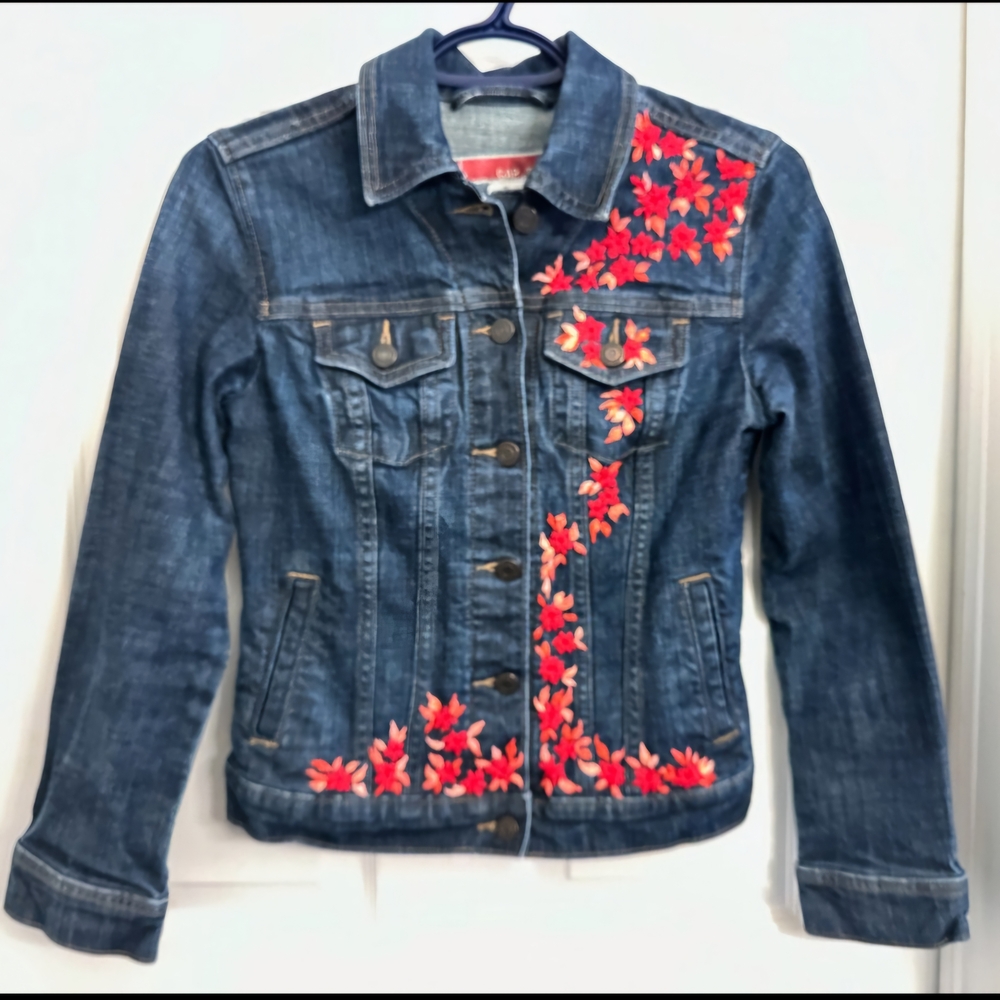 Women's Denim Jacket with Red Floral Embroidery